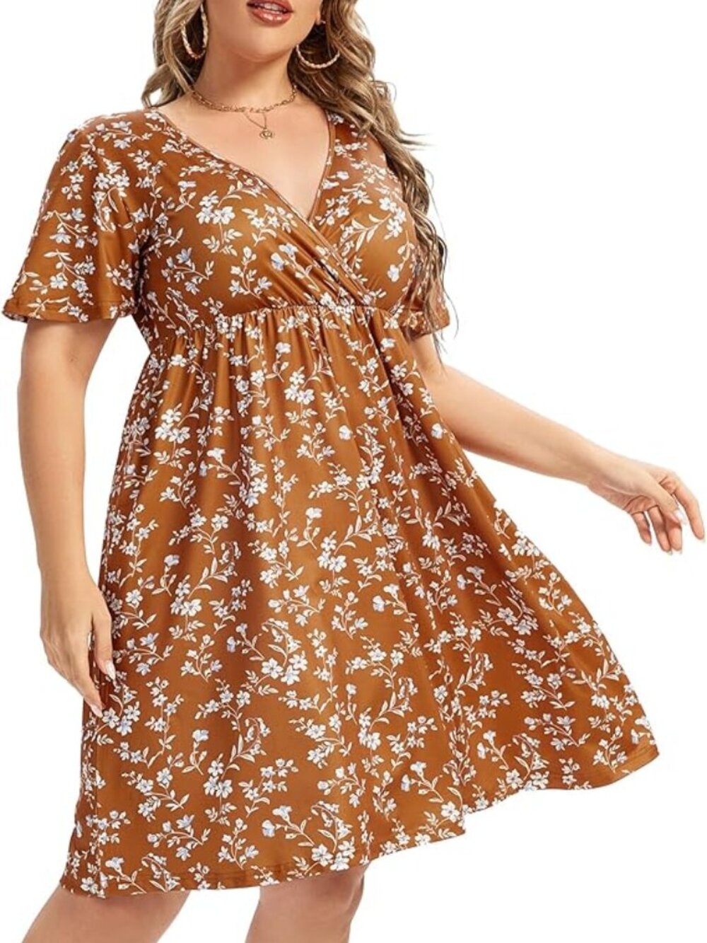 AMZPlus Plus Size V-Neck Floral Wrap Midi Dress Mustard Yellow Size 4X Pockets